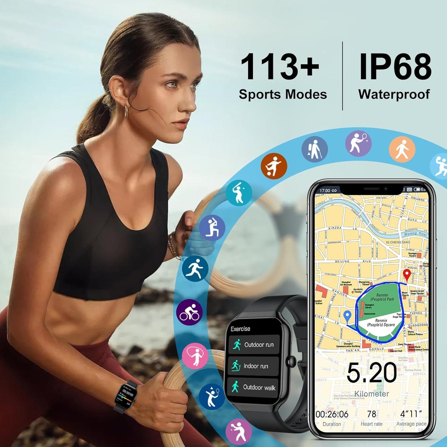 Montre Connectée TitanFit X - Appels Bluetooth, 113+ Modes Sport, Suivi Santé, Étanche IP68, Écran HD 1.96"