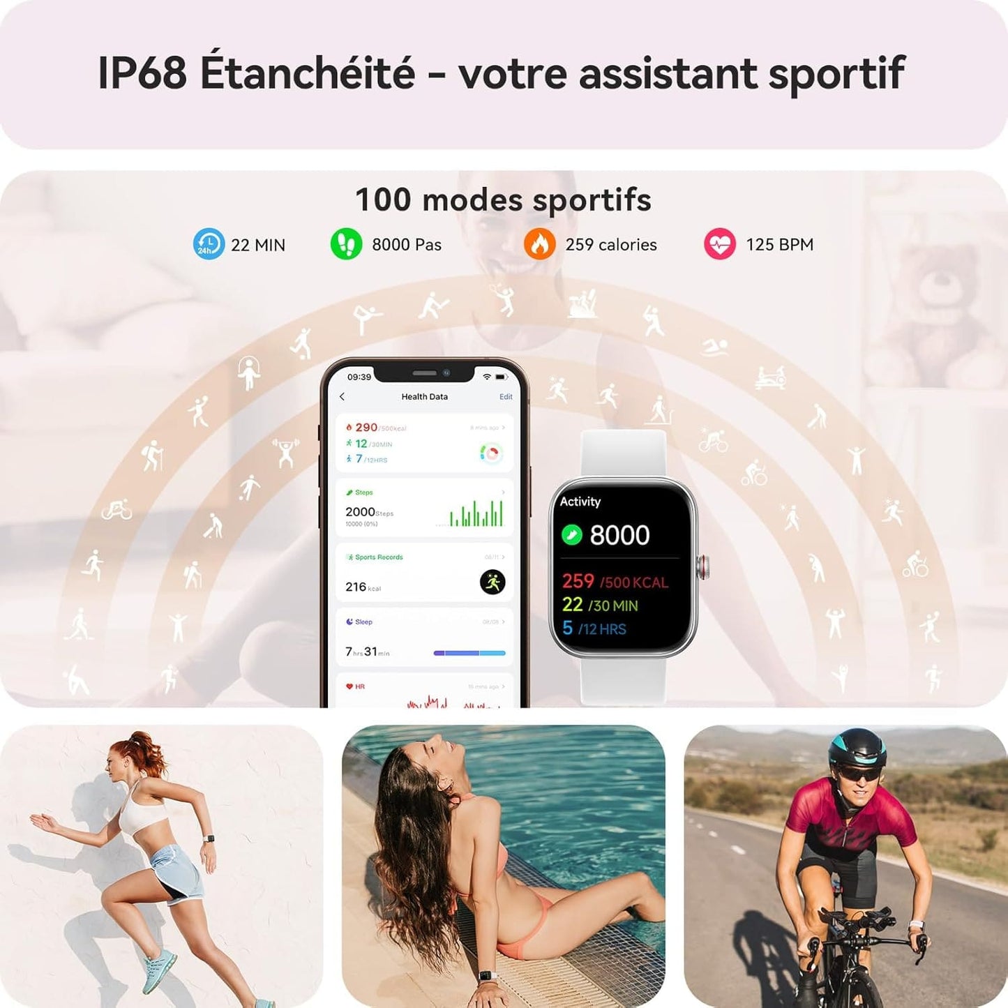 Montre Connectée NeoFit - Appels Bluetooth, Alexa, SpO2, Podomètre, Étanche IP68