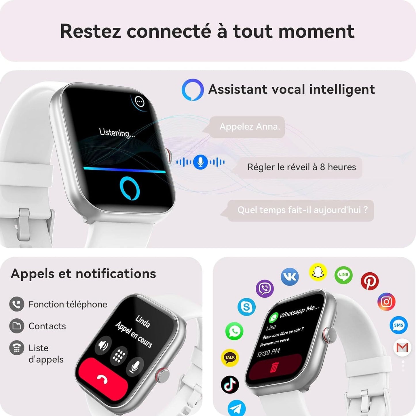 Montre Connectée NeoFit - Appels Bluetooth, Alexa, SpO2, Podomètre, Étanche IP68
